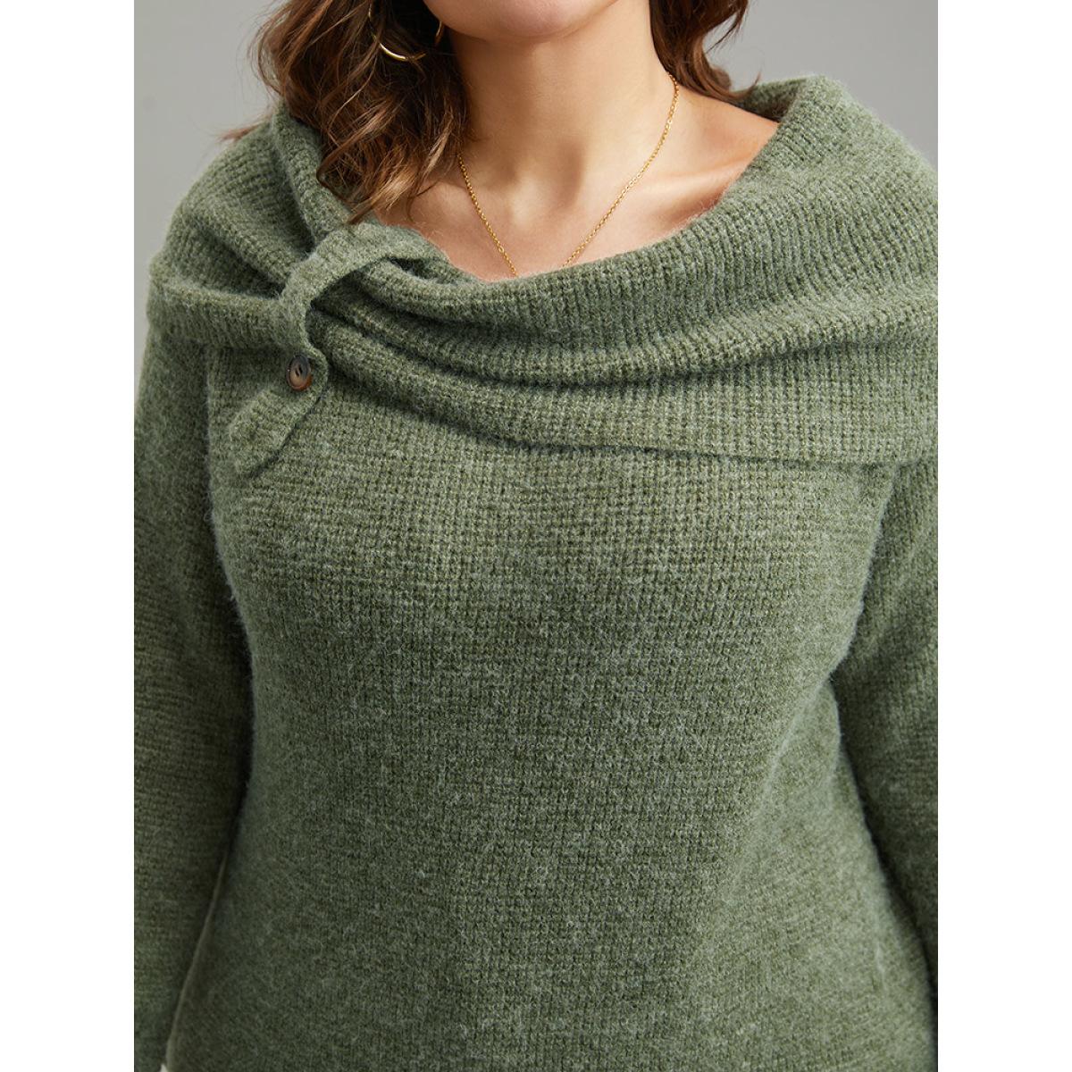 Plus Size Anti-Pilling Lapel Collar Adjustable Button Pullover Moss Women Casual Loose Long Sleeve Lapel Collar Dailywear Pullovers BloomChic 30/6X Product Image