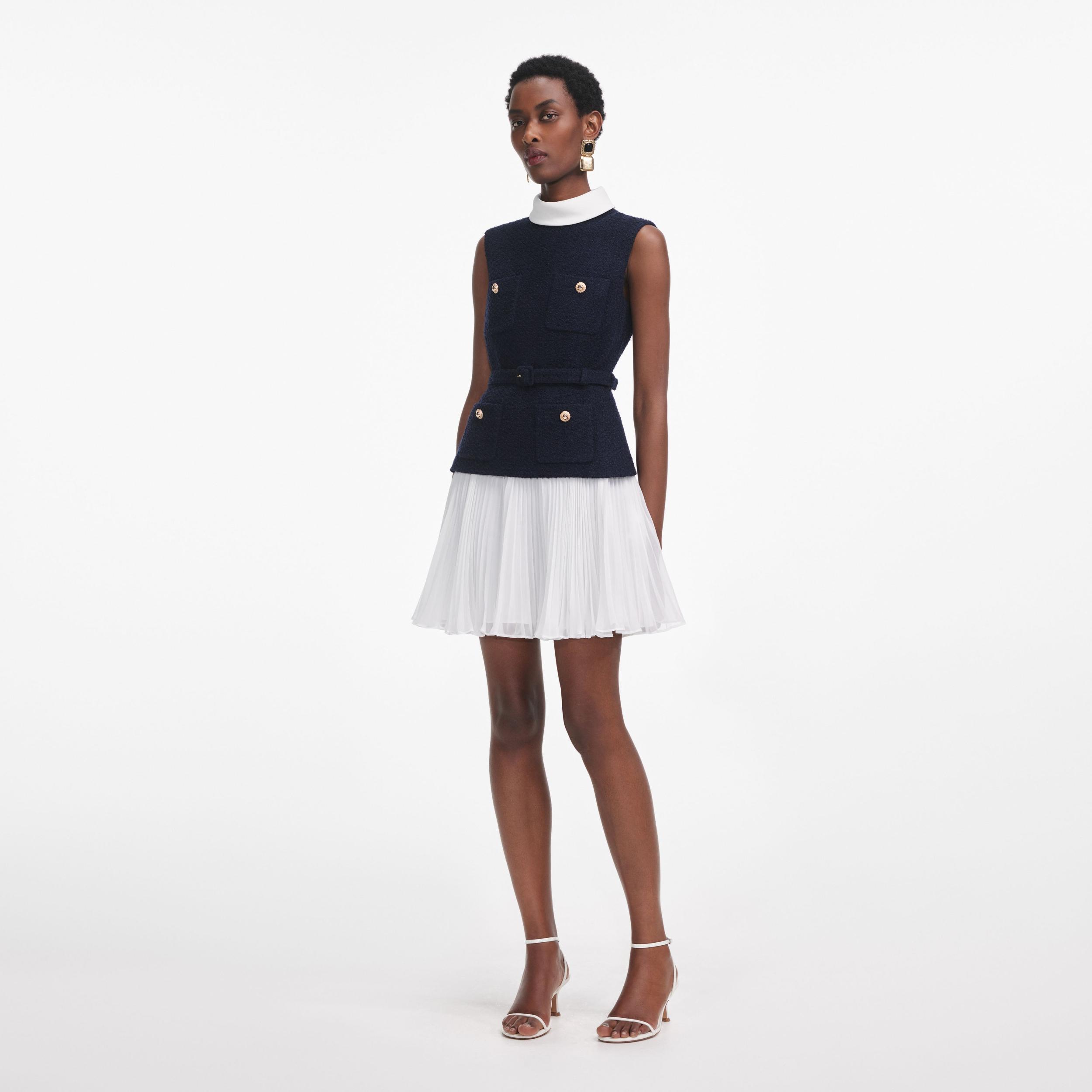 Navy Boucle And Chiffon Mini Dress Product Image