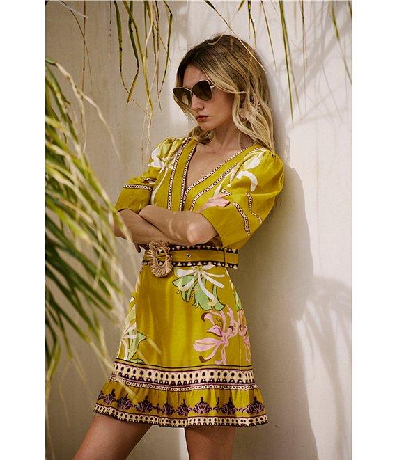 CIEBON Ivy Floral Printed V-Neck Short Sleeve Belted Mini Dress Product Image