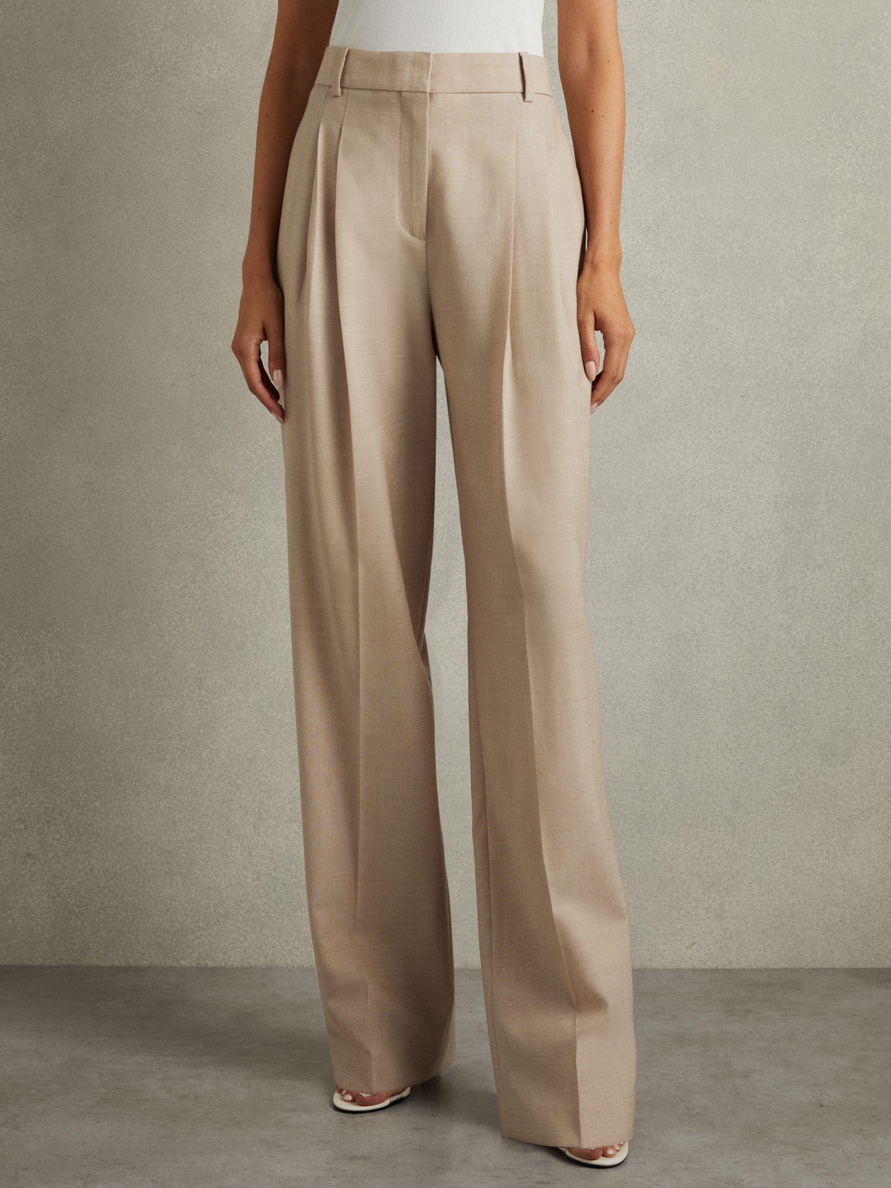 Wool Pleat Front Wide Leg Suit Trousers in Neutral Product Image