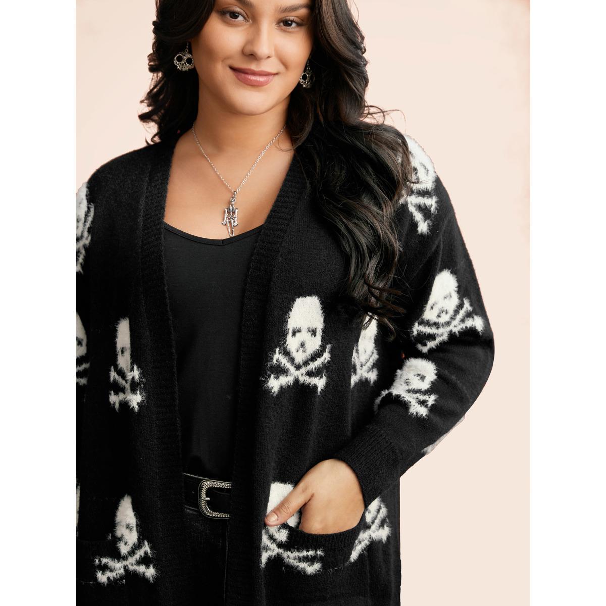 Plus Size Skull Pattern Plus Jacquard Open Cardigan Black Women Casual Loose Long Sleeve Everyday Cardigans BloomChic 18-20/2X Product Image