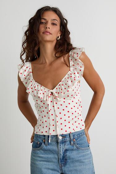 Vivi White Polka Dot Satin Ruffled Tie-Back Top Product Image