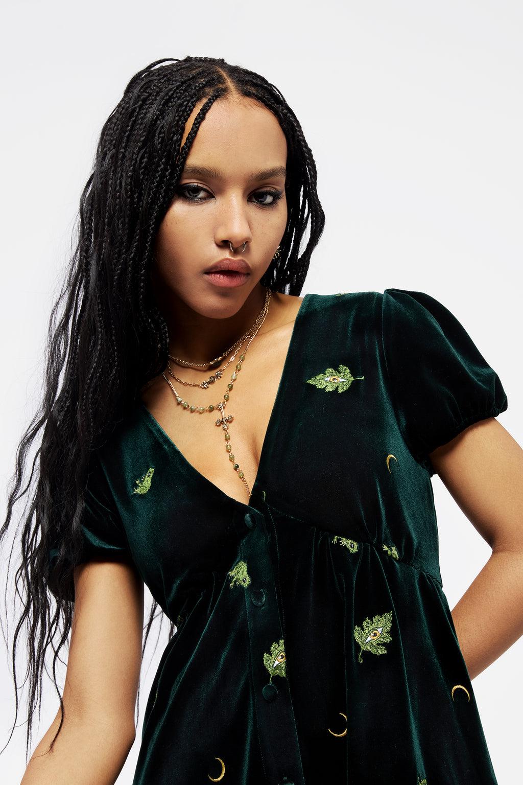 Swamplife Frog Embroidered Velour Button Up Mini Dress Product Image