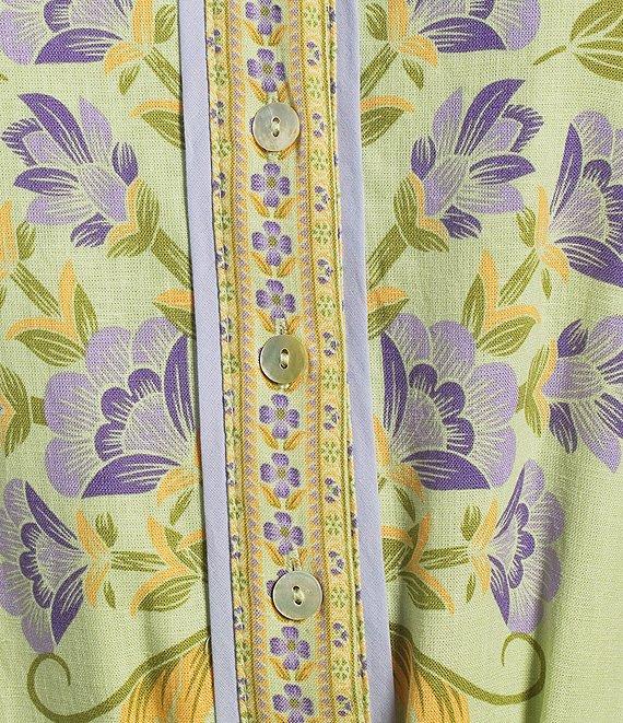 A Loves A Floral Woven Linen Round Neck Short Bubble Sleeve Button Front Tie at Waist A-Line Flounce Mini Dress Product Image