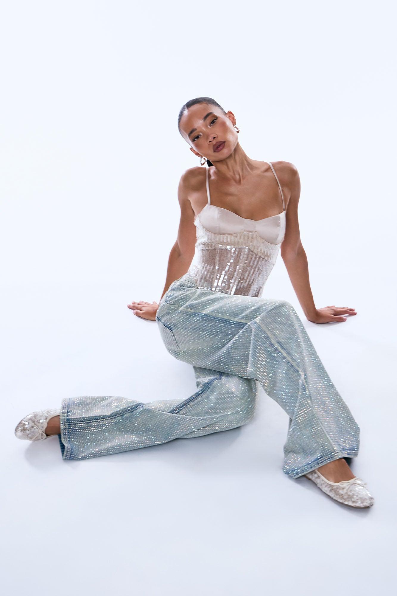 Shine Your Light Tinted Rhinestone Wide Leg Jean - Vintage Wash Female Product Image