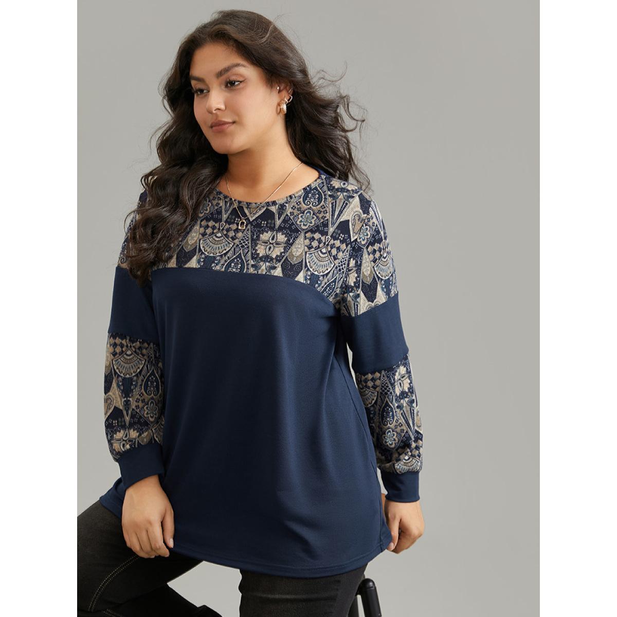 Plus Size Boho Print Patchwork Round Neck Sweatshirt Women DarkBlue Casual Printed Round Neck Dailywear Sweatshirts BloomChic 14-16/1X Product Image