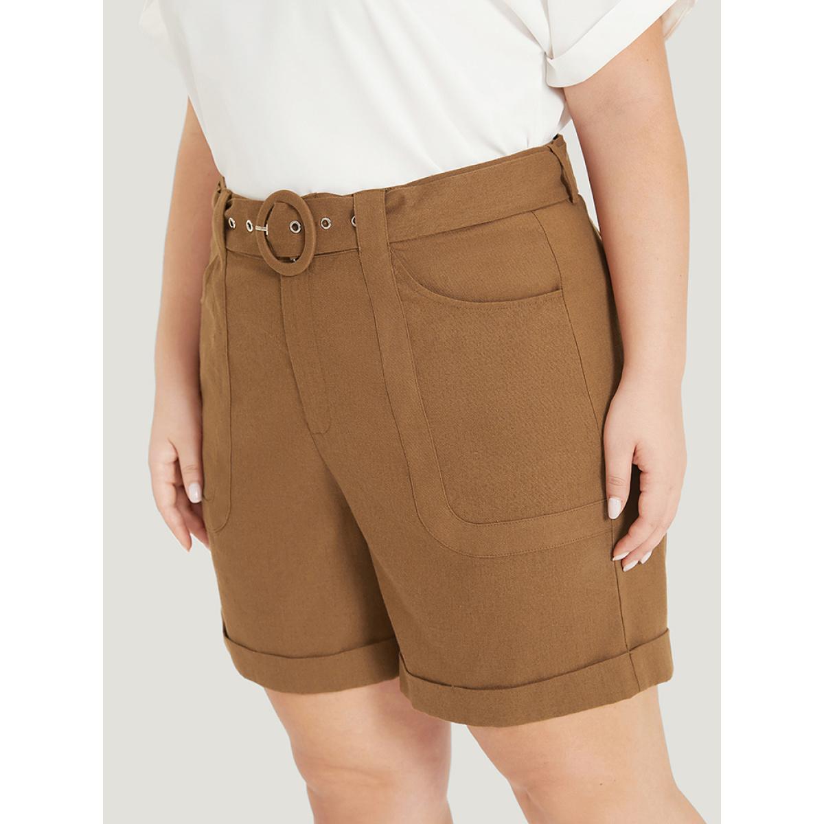 Plus Size Solid Pocket Belted Roll Hem High Rise Shorts Women DarkBrown Office Belted Office Shorts BloomChic 22-24/3X Product Image