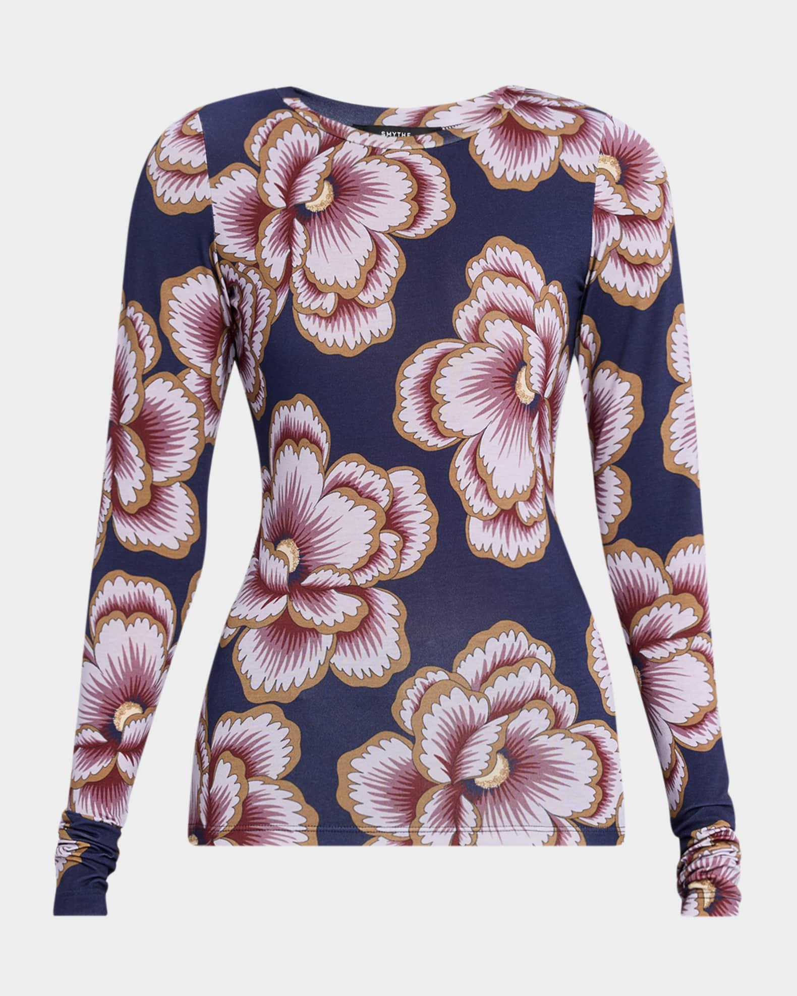 Floral Scrunch-Sleeve Crewneck Top Product Image