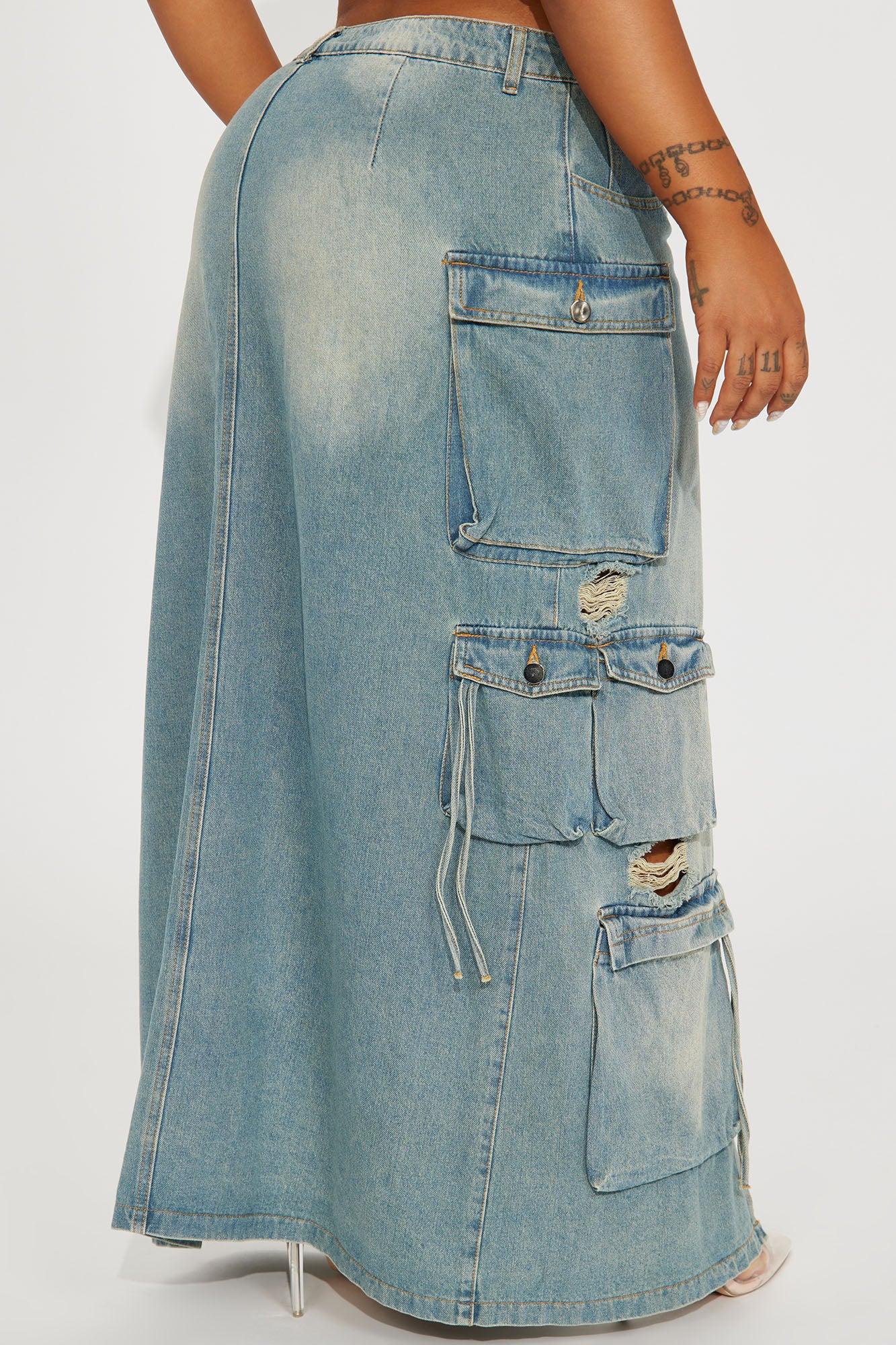 Out Of Town Cargo Denim Maxi Skirt - Medium Wash Product Image