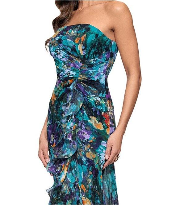 Xscape Petite Size Strapless Floral Print Ruffle Maxi Gown Product Image