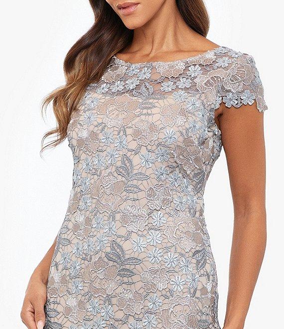 Xscape Lace Boat Neck Short Sleeve Back Slit Gown Product Image