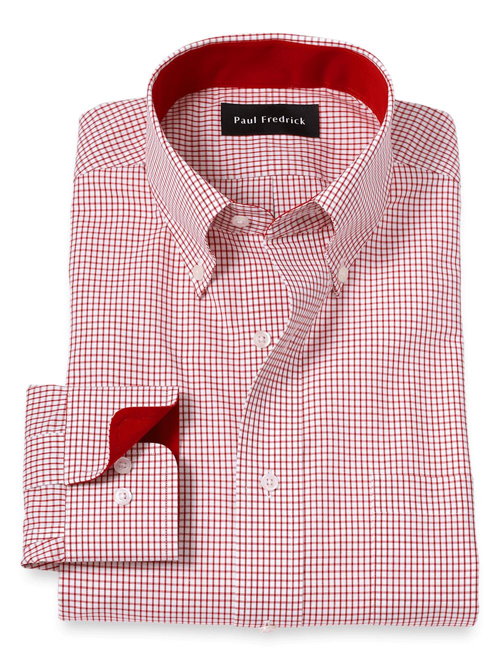 Non-Iron Cotton Check Dress Shirt With Contrast Trim - Red/white Product Image