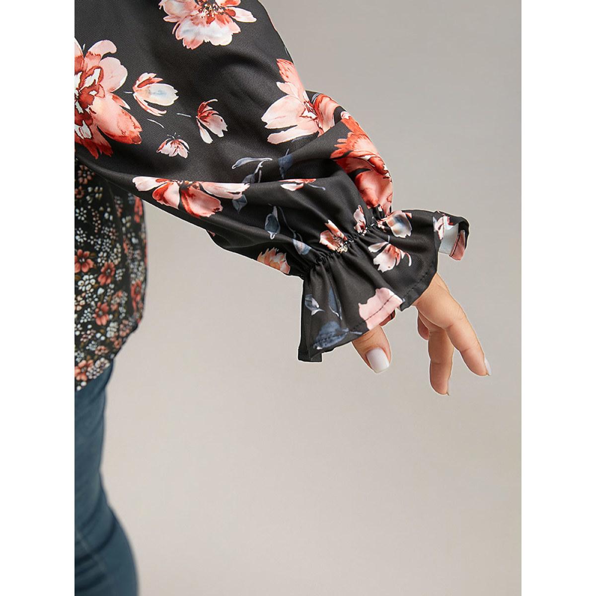 Plus Size BlackFlower Floral Print Flutter Sleeve Patchwork Blouse Women Elegant Long Sleeve V-neck Dailywear Blouses BloomChic 10/M Product Image