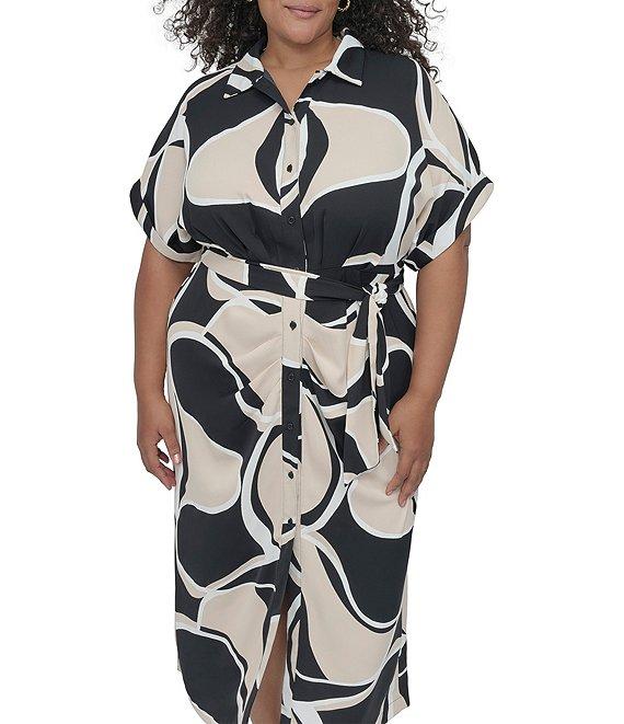 DKNY by Donna Karan Plus Size Crepe Collared Neck Short Sleeve Tie Sash Belt Shirt Dress Product Image