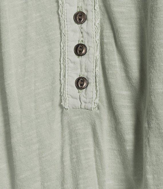 Lucky Brand Solid V-Neck Cap Sleeve Lace Trimmed Henley Tee Product Image