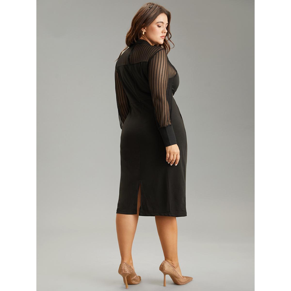 Plus Size Mock Neck Cut Out Patchwork Mesh Dress Black Women Office See through Mock Neck Long Sleeve Curvy Midi Dress BloomChic 26/4X Product Image