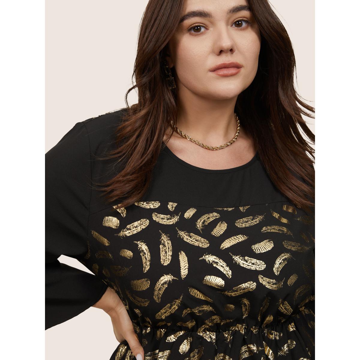 Plus Size Black Feather Glitter Patchwork Bell Sleeve Blouse Women Glamour Elbow-length sleeve Round Neck Party Blouses BloomChic 26/4X Product Image
