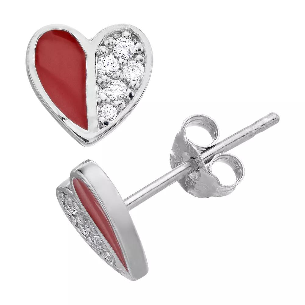 Aleure Precioso Sterling Silver Cubic Zirconia & Enamel Heart Stud Earrings, Women's, Sterling Red Product Image