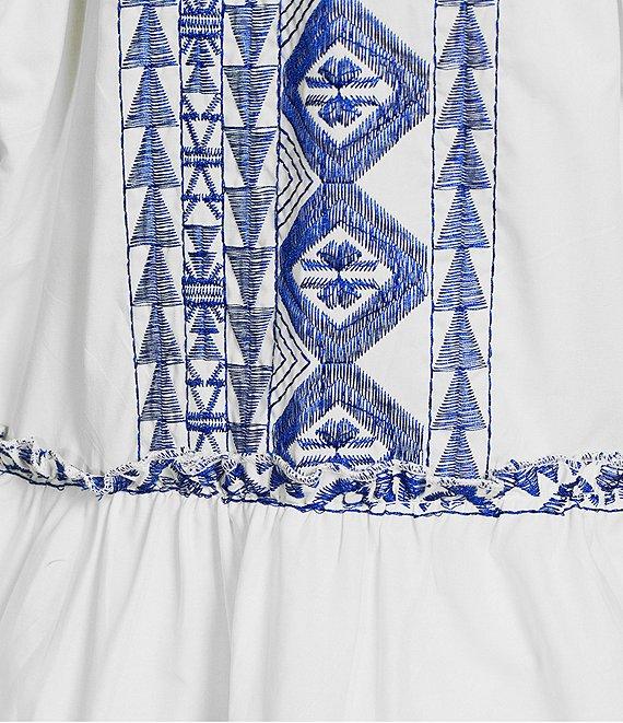 Calessa Embroidered Printed Band Collar Split V-Neck 3/4 Sleeve Shift Dress Product Image