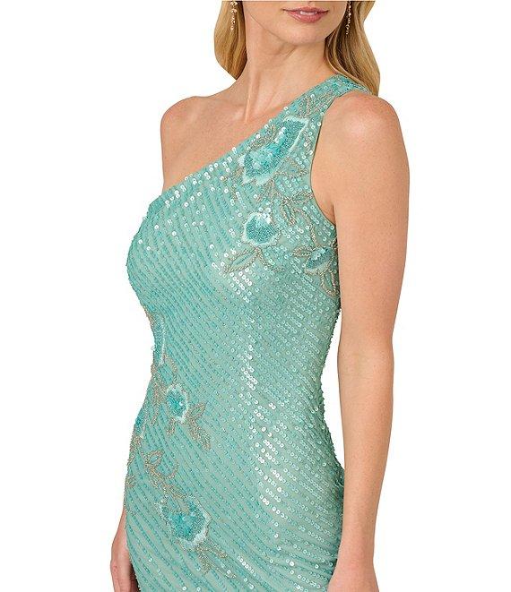 Adrianna Papell Beaded Mesh Floral One Shoulder Neck Sleeveless Sheath Midi Dress Product Image