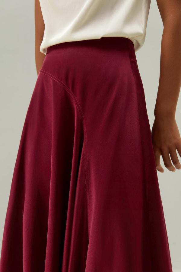 LILYSILK Women's Asymmetrical Silk Skirt, Cherry Red, Size 6, Elegant Flared Hem, Calf-Length, Side Zipper Product Image