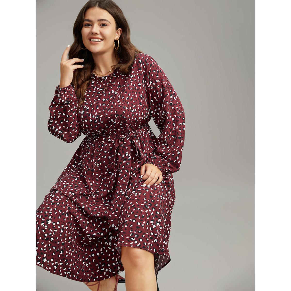 Plus Size Allover Print Elastic Cuffs Frill Trim Belted Dress Burgundy Women Elegant Elastic cuffs Mock Neck Long Sleeve Curvy Midi Dress BloomChic 12/L Product Image