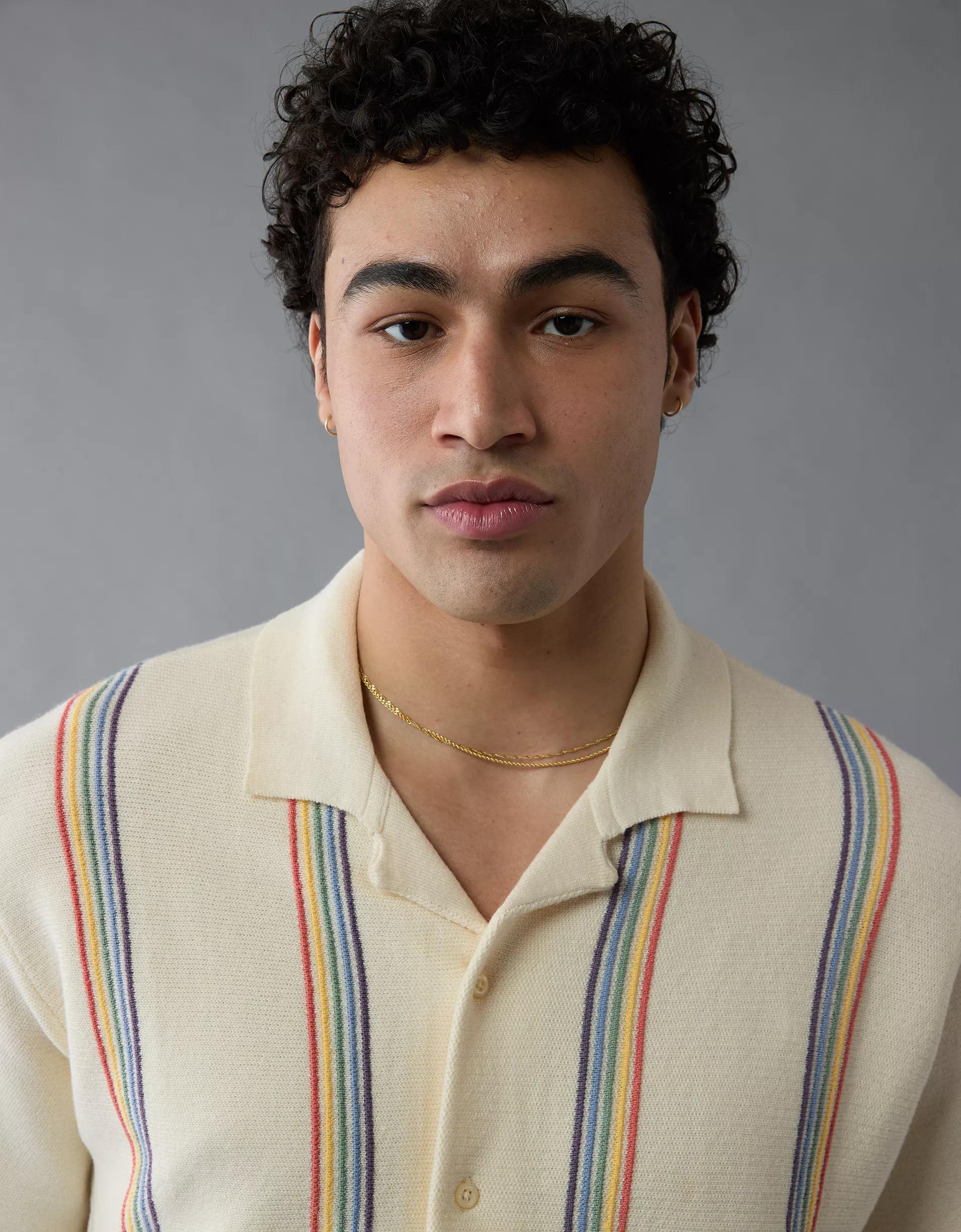 AE Pride Weekend Striped Button-Up Sweater Polo Shirt Product Image