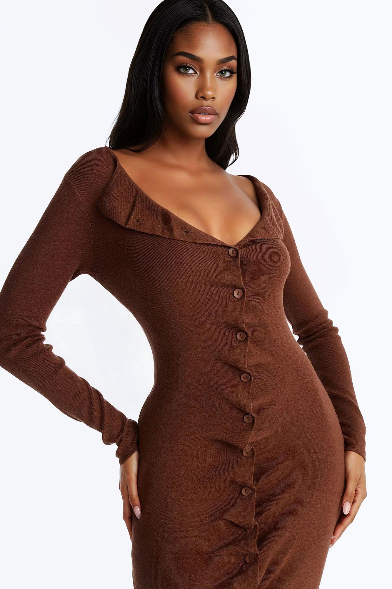 Jaime Sweater Button Up Midi Dress - Brown Female Product Image
