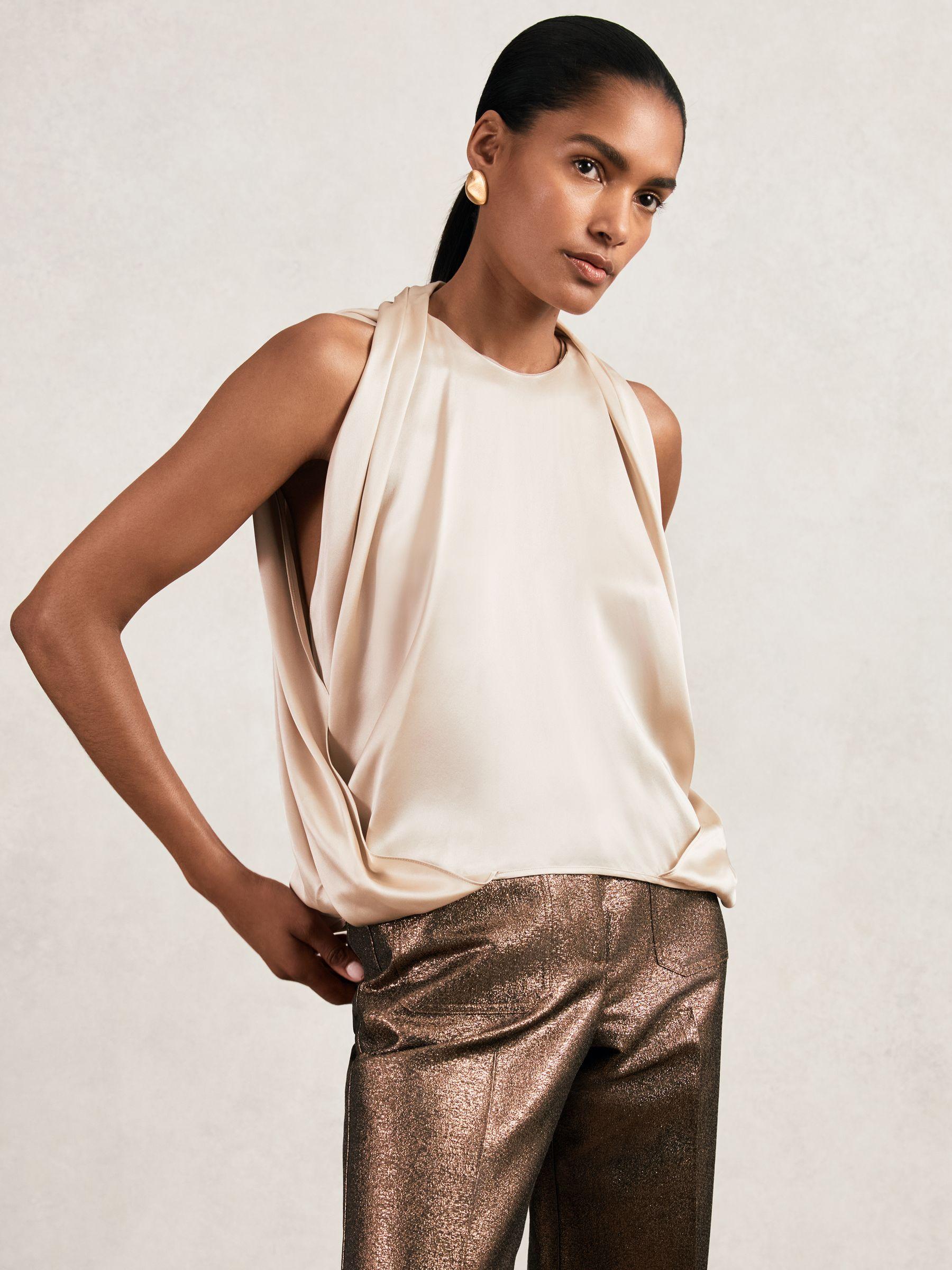 Silk Draped Sleeveless Top in Champagne Neutral Product Image