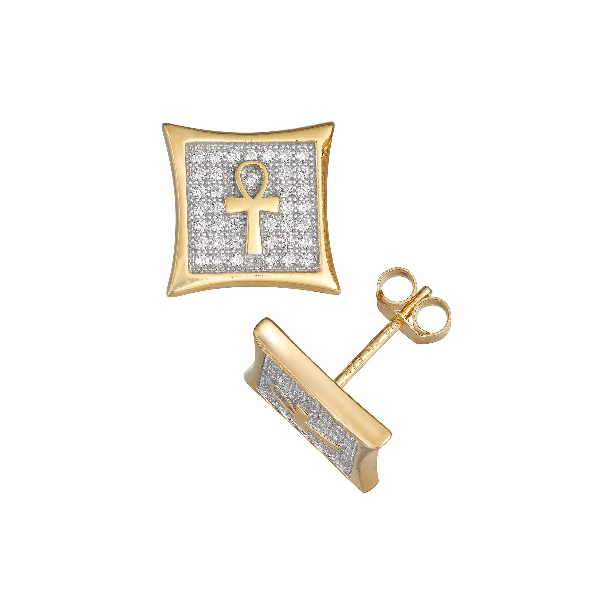 Designs by Gioelli Men's Gold Plated Sterling Silver Cubic Zirconia Ankh Stud Earrings, Gold Tone Product Image