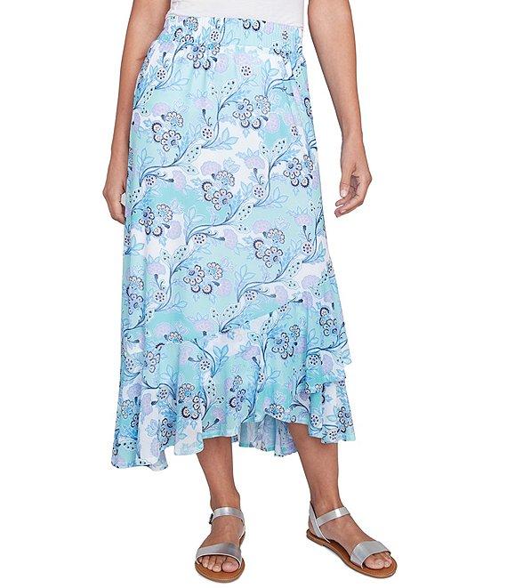 Ruby Rd. Floral Mesh Asymmetrical Ruffle Hem Pull-On Skirt Product Image