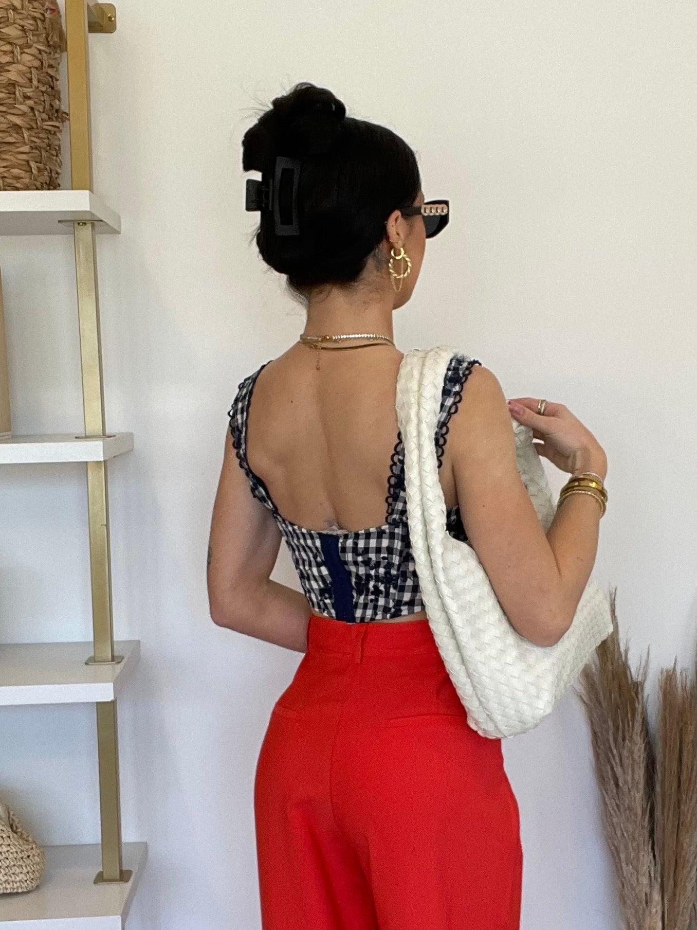 FINAL SALE Gwen Gingham Floral Corset Tank Top | Navy Product Image