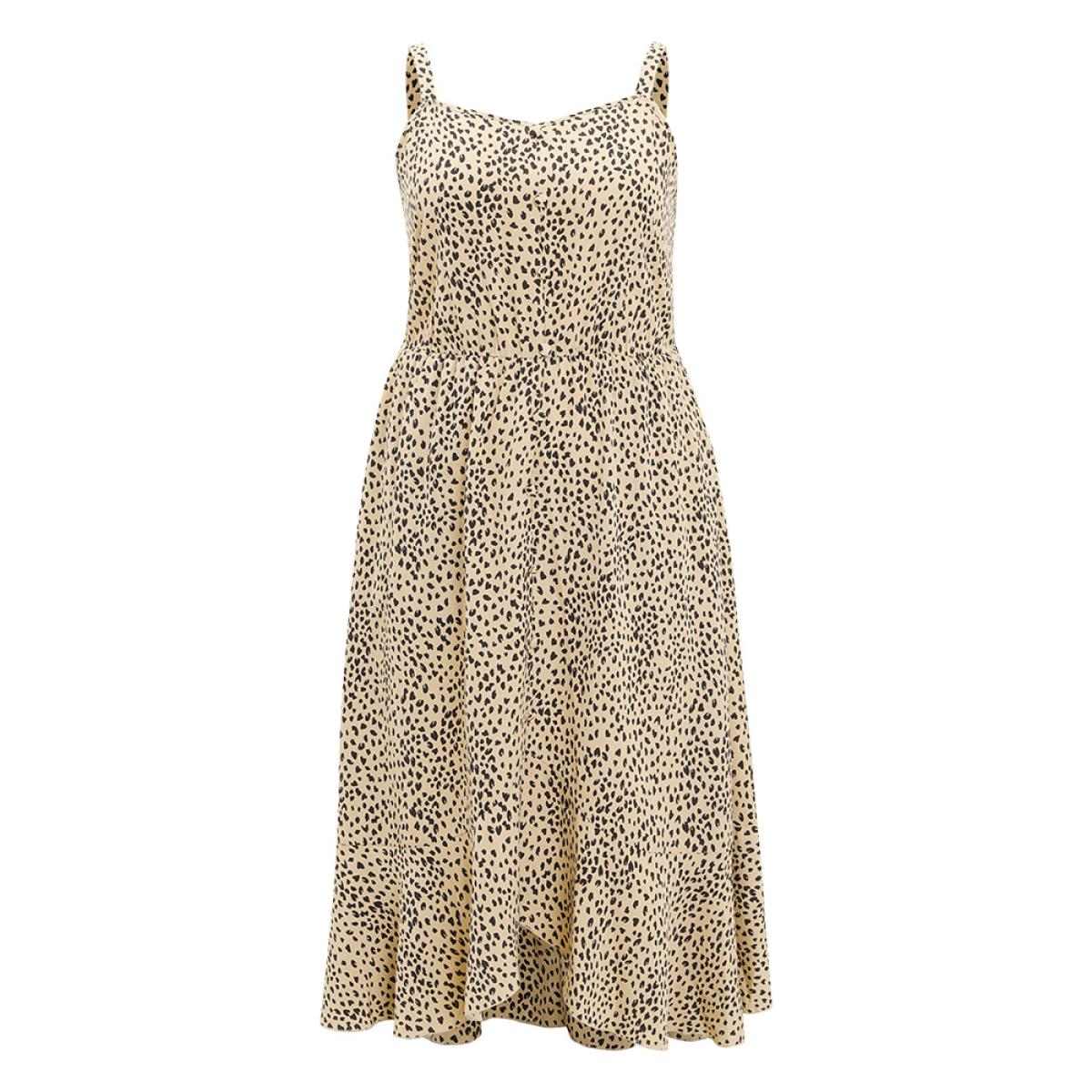 Plus Size Leopard Print Flutter Hem Pocket Adjustable Straps Cami Dress Multicolor Women Elegant Adjustable Straps V-neck Sleeveless Curvy Midi Dress BloomChic 28/5X Product Image