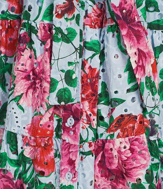 Gibson & Latimer Floral Eyelet Split Neck Elbow Puff Sleeve Button Front Scallop Hem Dress Product Image