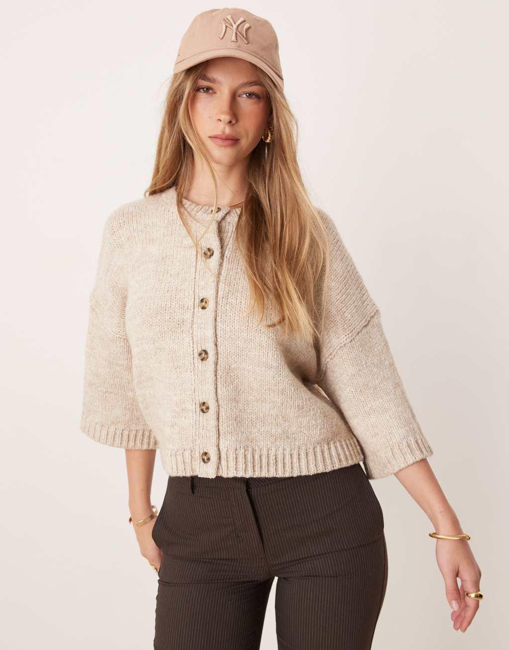 ASOS DESIGN short sleeve boxy cardigan in oatmeal Product Image