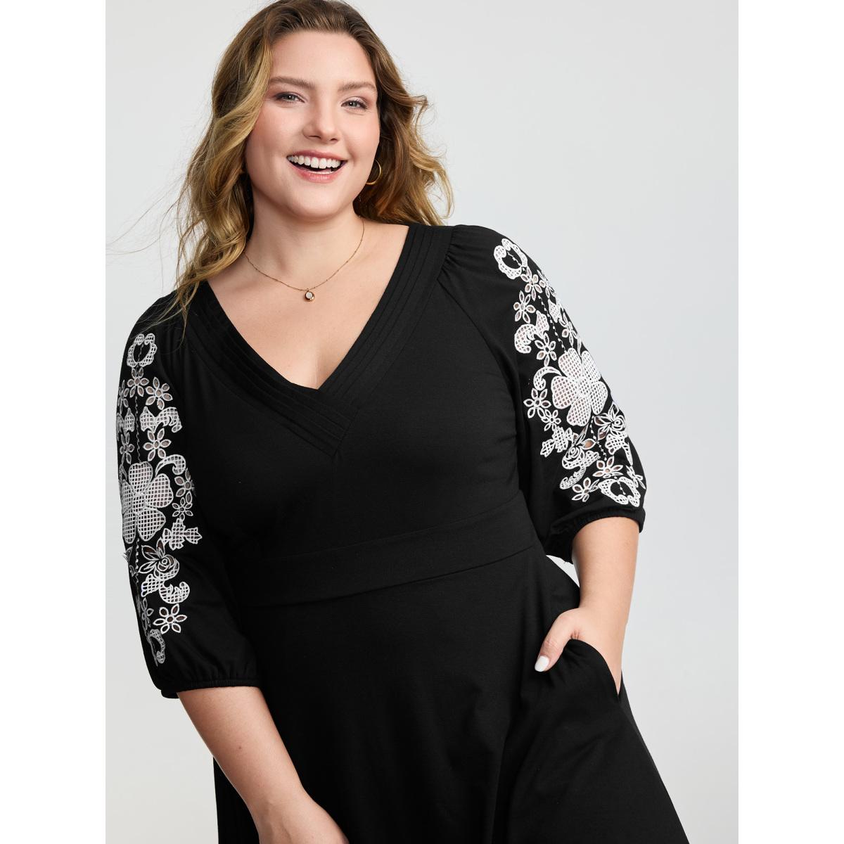 Plus Size Floral Embroidered V-Neck Pockets Midi Dress Black Women Embroidered V-neck Elbow-length sleeve Curvy BloomChic 28/5X Product Image