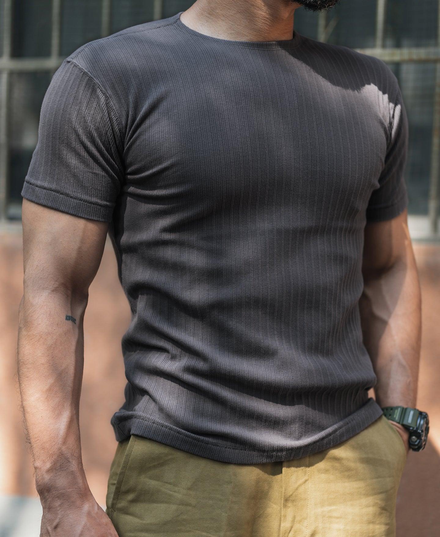 1950s Ribbed Cotton and Spandex-Blend T-Shirt - Dark Gray Product Image