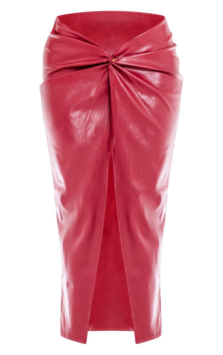 Burgundy Faux Leather Twist Detail Front Midi Skirt Product Image