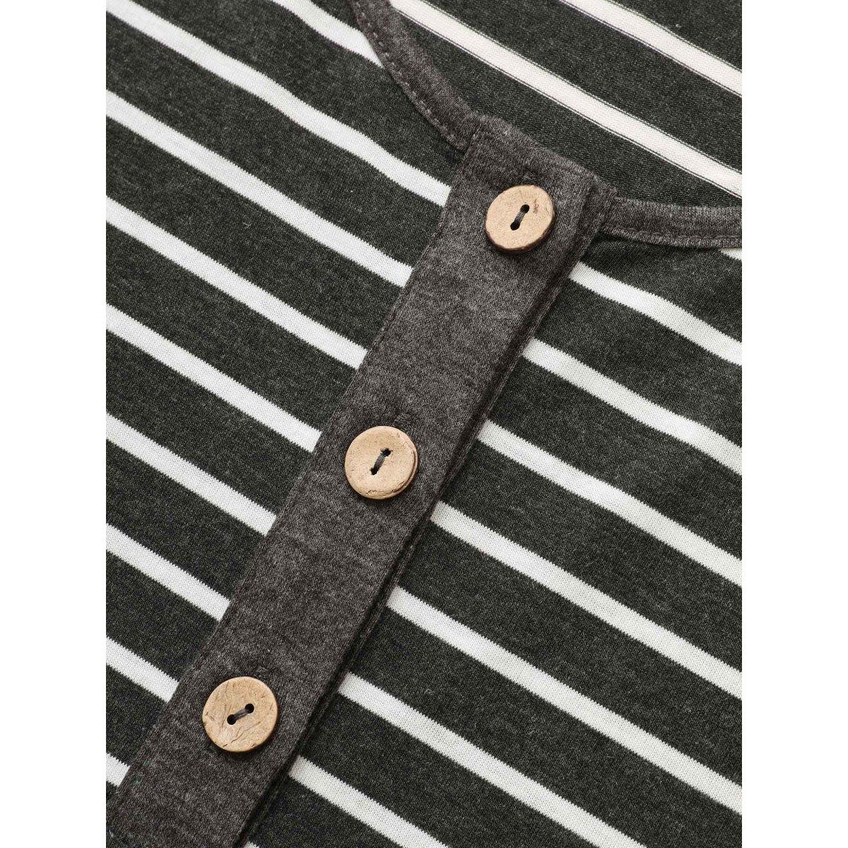 Plus Size Striped Button Up Raglan Sleeve T-shirt Gray Women Casual Contrast Striped Round Neck Everyday T-shirts BloomChic 18-20/2X Product Image