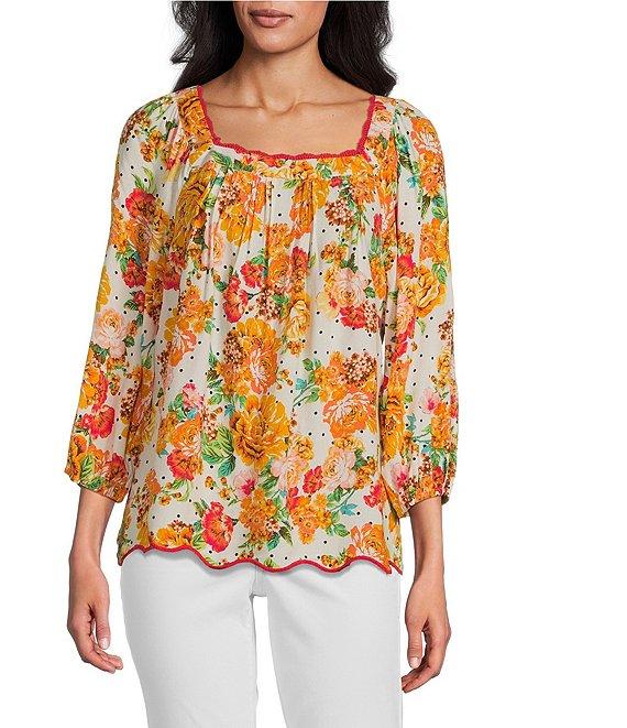 Figueroa & Flower Woven Floral Square Neck 3/4 Sleeve Pintuck Detail Blouse Product Image