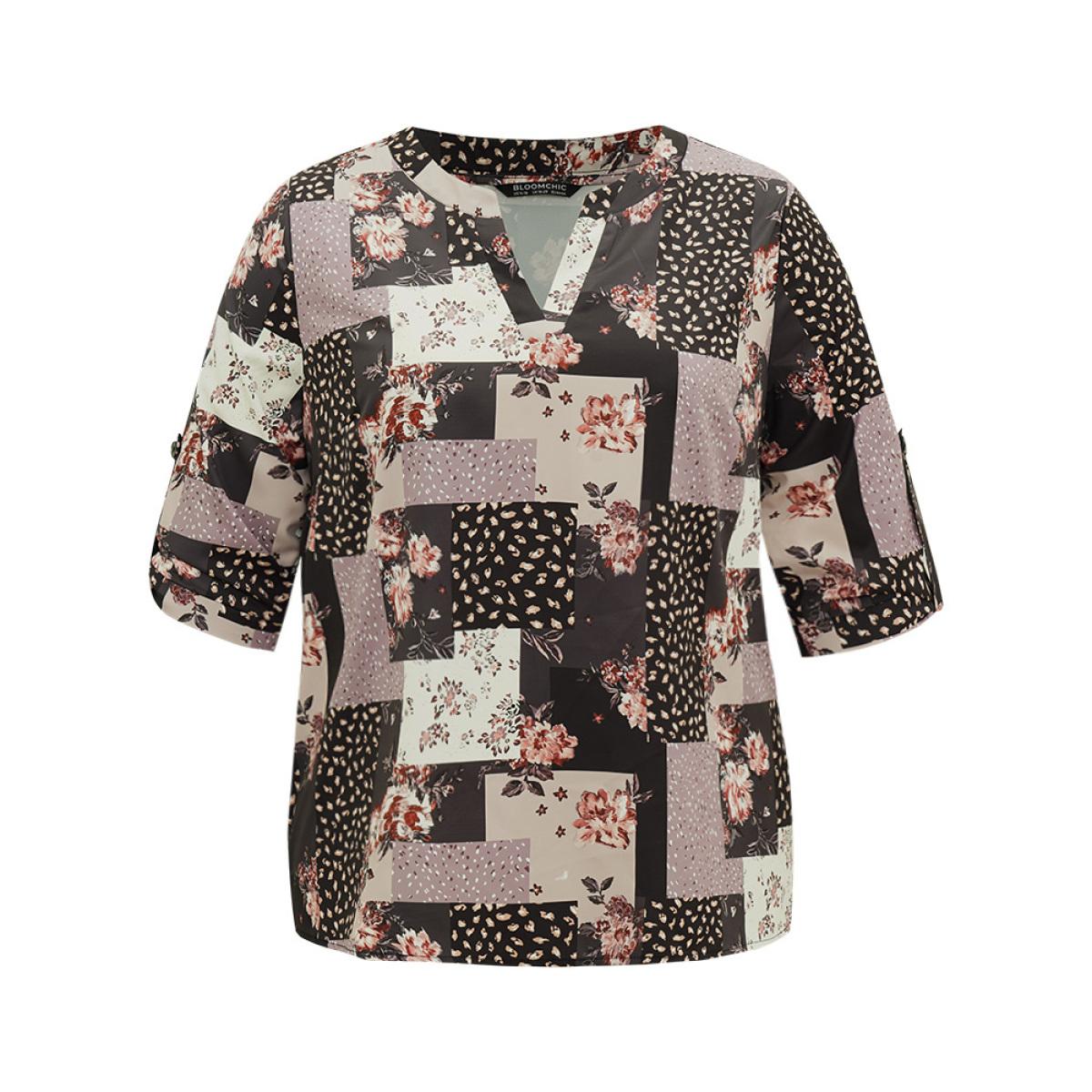 Plus Size BlackFlower Floral Colorblock Contrast Tab Sleeve Blouse Women Elegant Elbow-length sleeve V-neck Dailywear Blouses BloomChic 14-16/1X Product Image