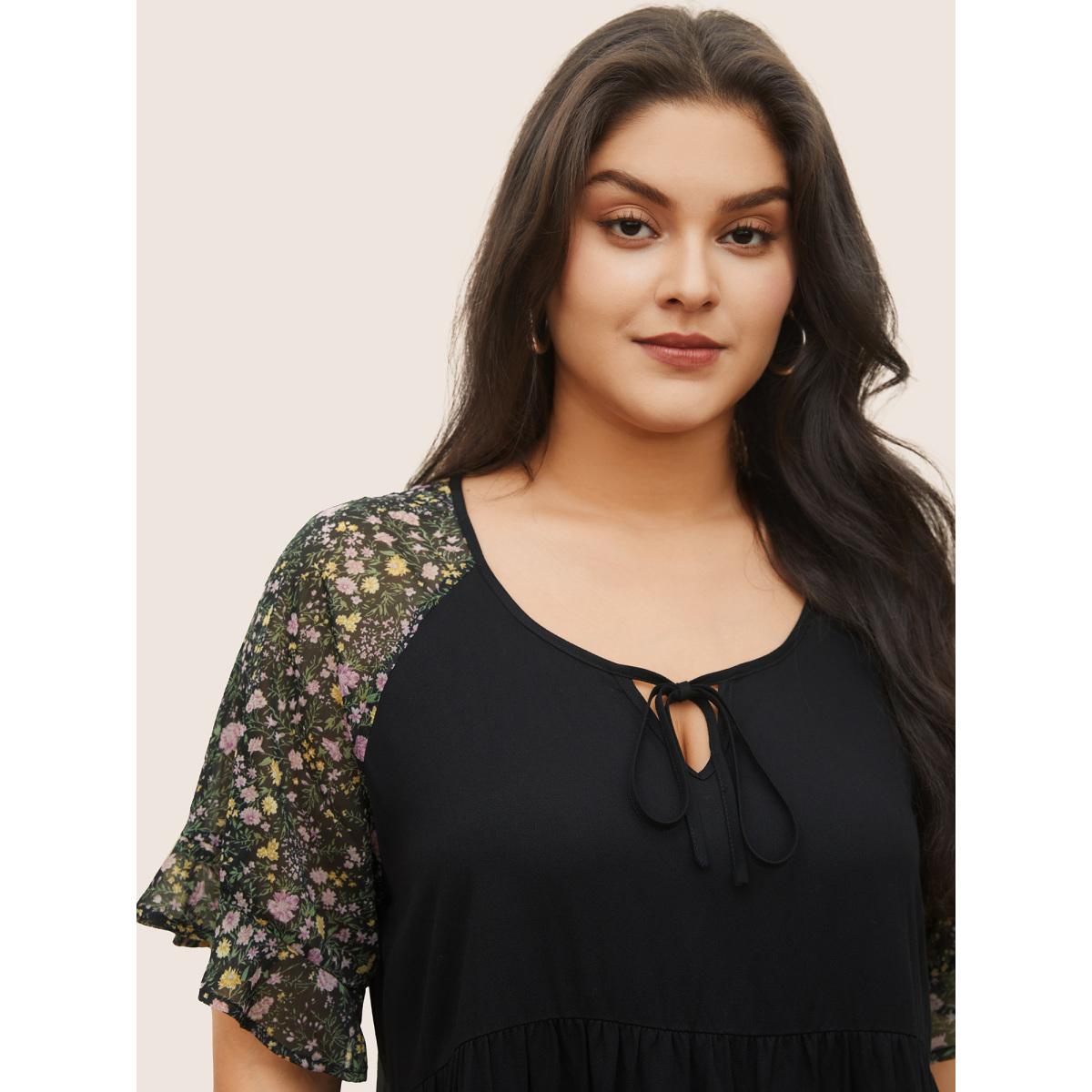 Plus Size Black Ditsy Floral Patchwork Ties Flutter Sleeve Blouse Women Elegant Short sleeve V-neck Everyday Blouses BloomChic 18-20/2X Product Image