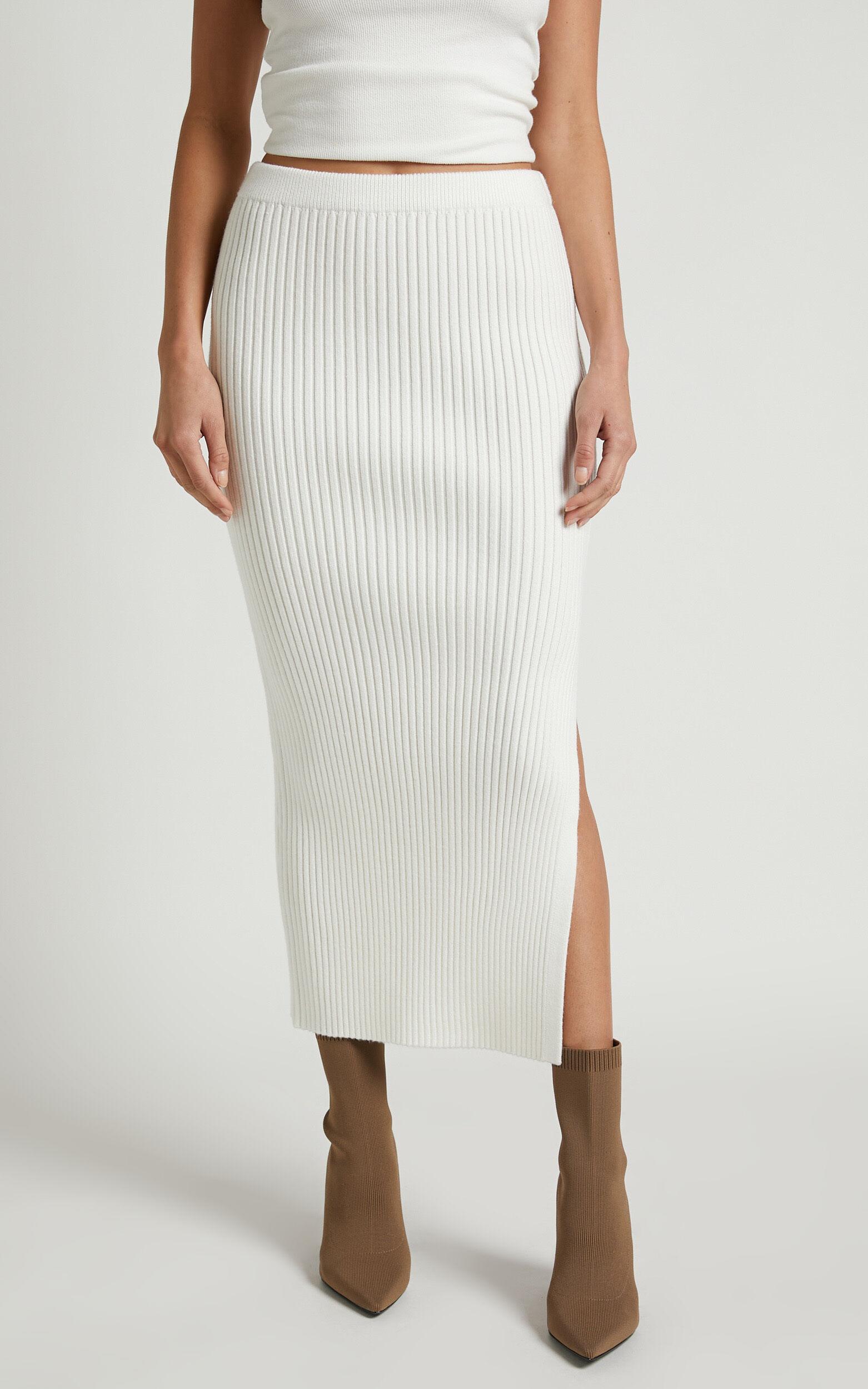 Andalucia Midi Skirt - Ribbed Side Split Skirt in Cream Product Image