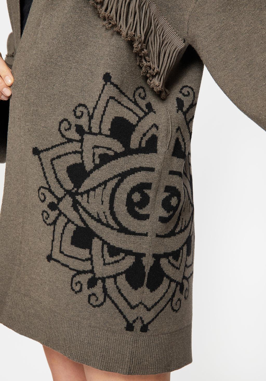 Iris Flare Sleeve Longline Fringe Knit Cardigan Product Image