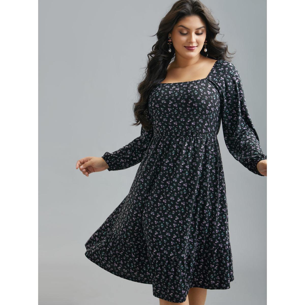 Plus Size Square Neck Ditsy Floral Elastic Waist Dress BlackFlower Women Elegant Non Knit Dresses Bloomchic 14-16/1X Product Image