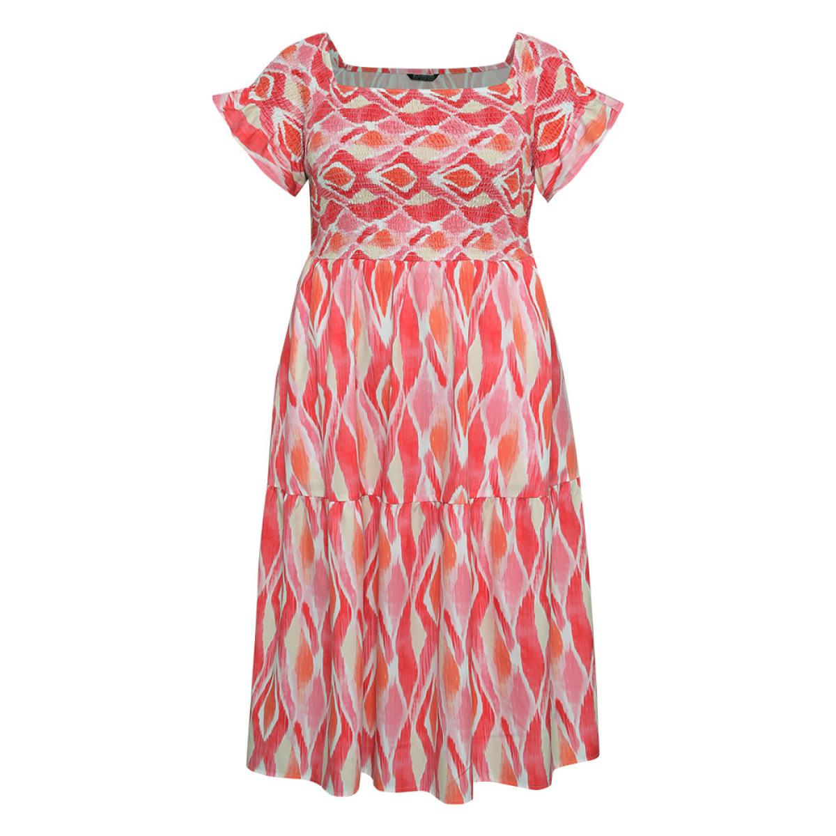 Plus Size Geometric Print Pocket Shirred Ruffles Sleeve Off Shoulder Dress Multicolor Women Elegant One-shoulder neck Short sleeve Curvy Midi Dress BloomChic 28/5X Product Image