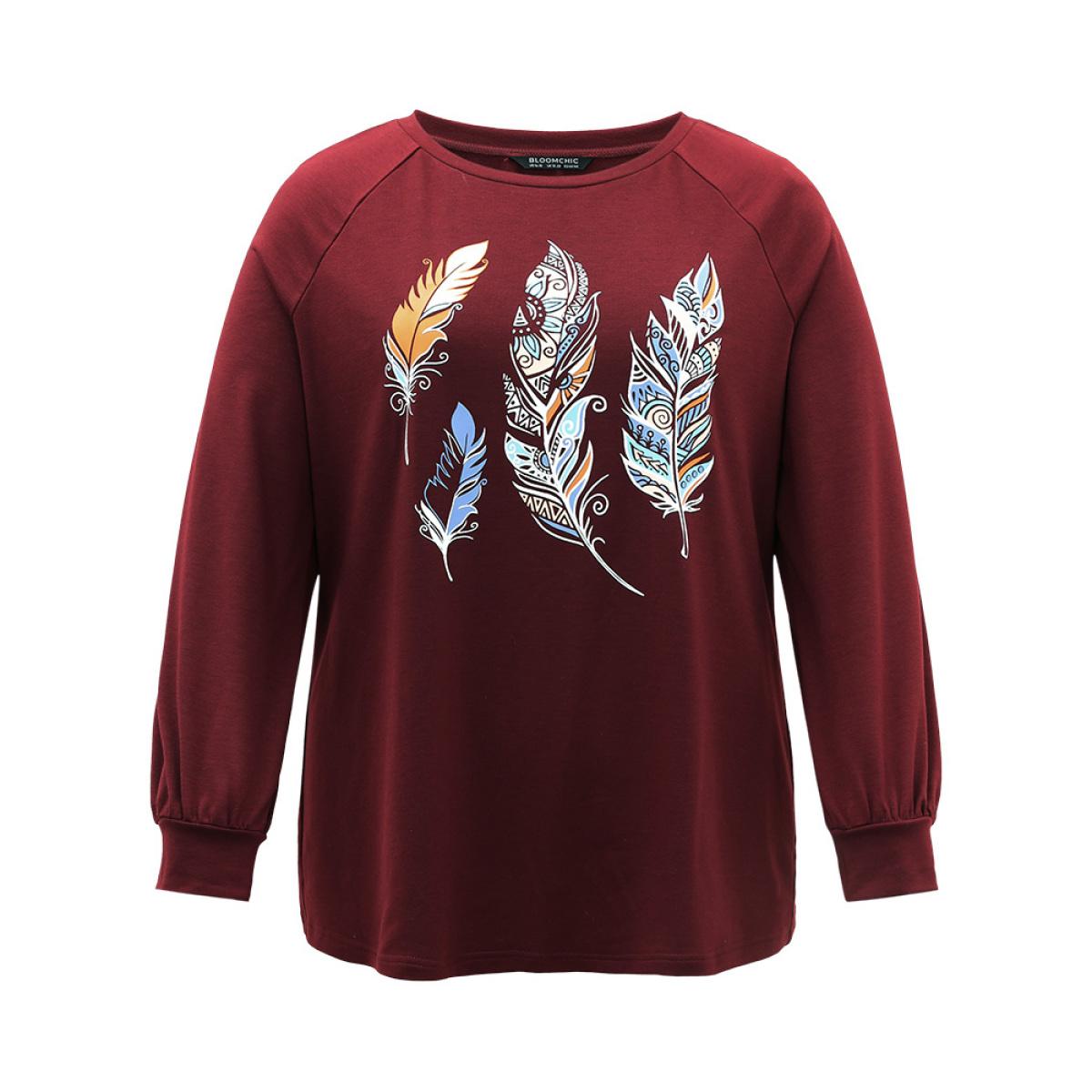 Plus Size Feather Print Crew Neck Raglan Sleeve Sweatshirt Women Scarlet Casual Printed Dailywear Sweatshirts BloomChic 30/6X Product Image