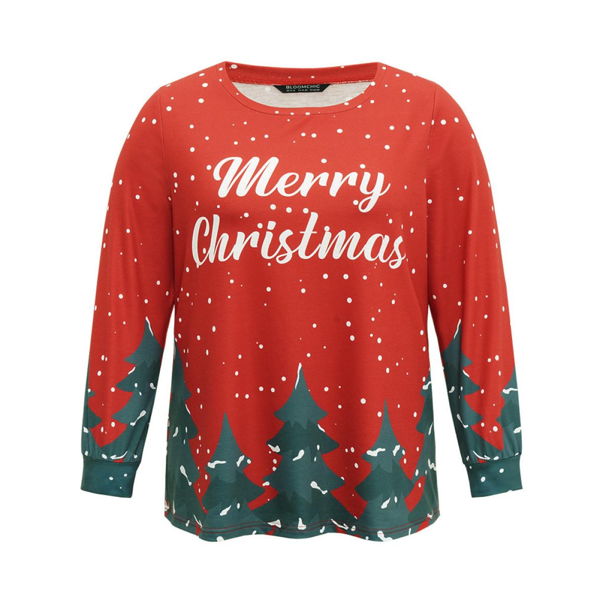 Plus Size Christmas Trees Snowflake Round Neck Sweatshirt Women Red Casual Contrast Festival-Christmas Sweatshirts BloomChic 28/5X Product Image