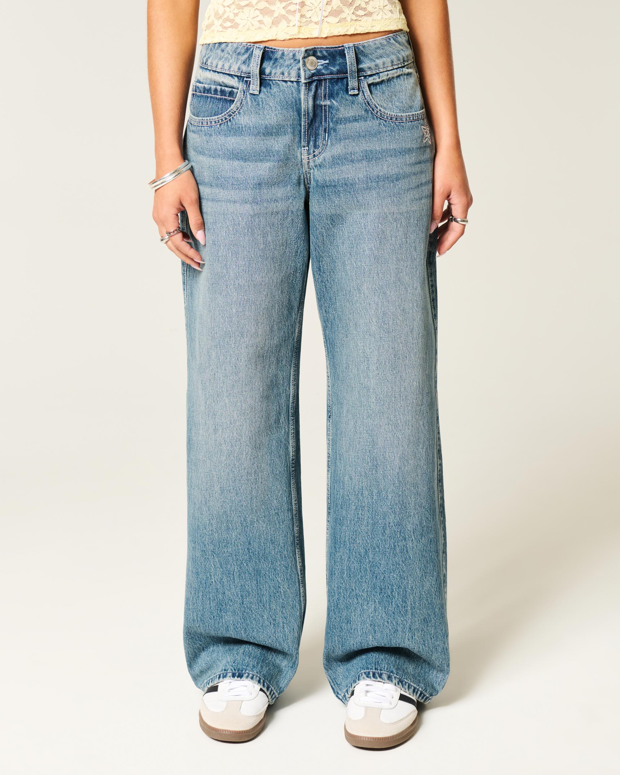 Low-Rise Rhinestone Stars Medium Wash Baggy Jeans Product Image