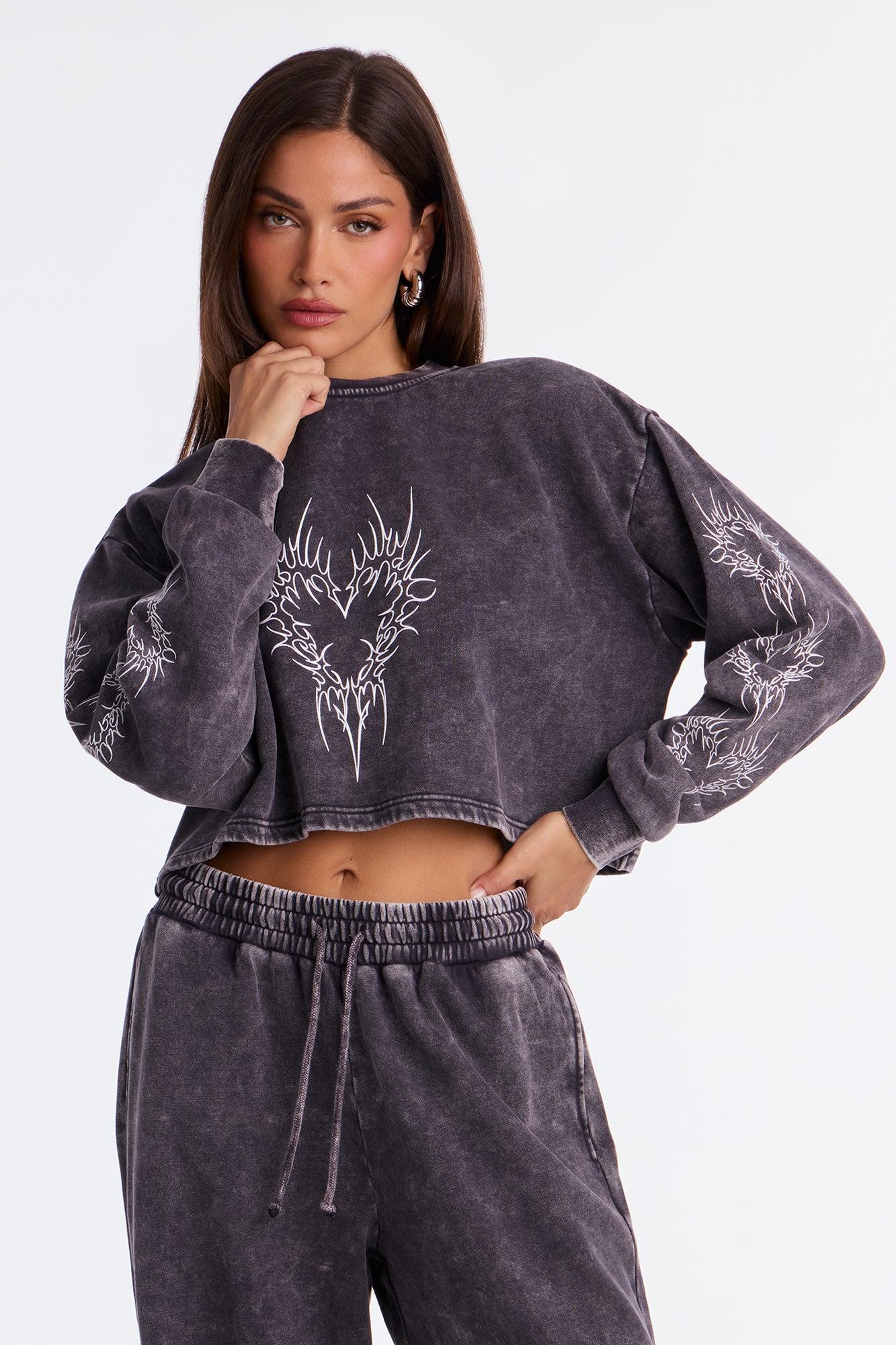 Heart Of Flames Washed Fleece Pant Set - Charcoal Female Product Image